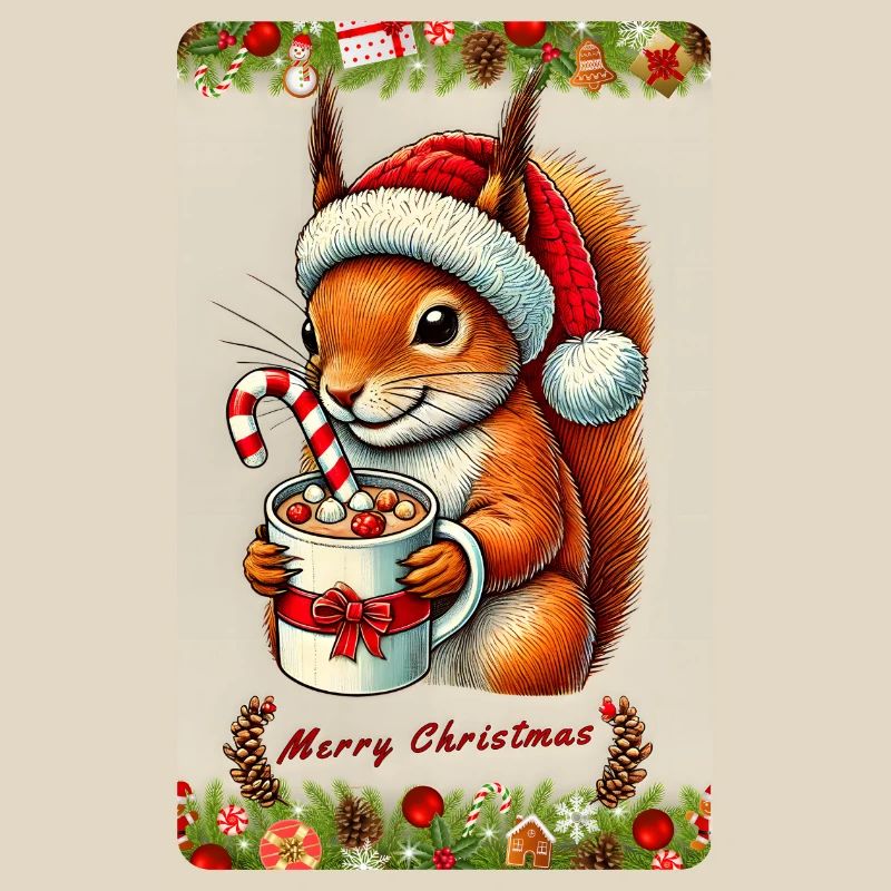 Weihnachts-Eichhörnchen mit heißer Schokolade