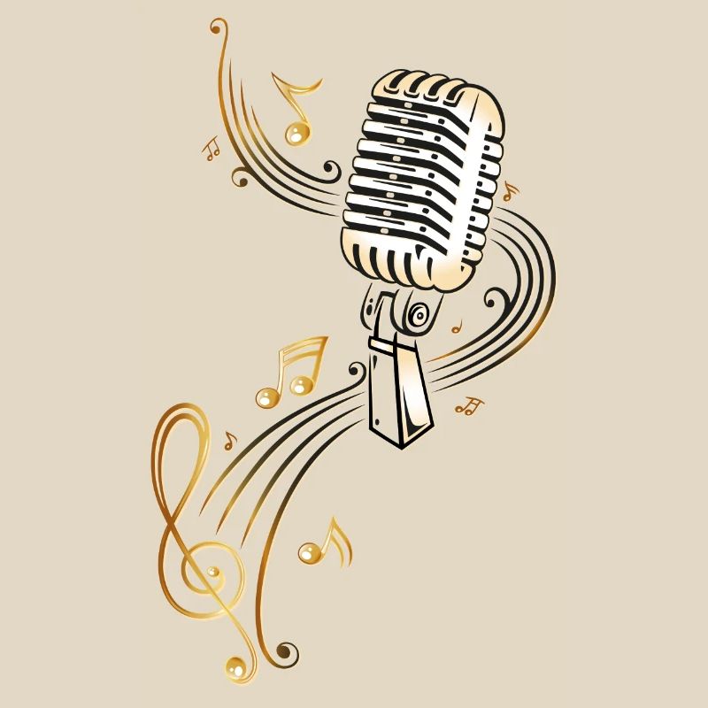Retro microphone with music notes and clef.
