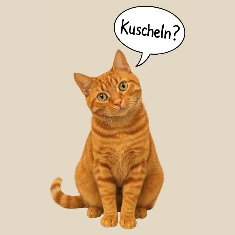 Red cat with tilted head asks: "Cuddle?"