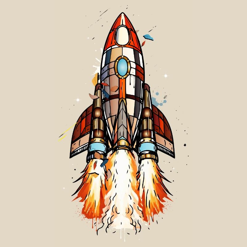 Futuristic rocket on launch in comic style
