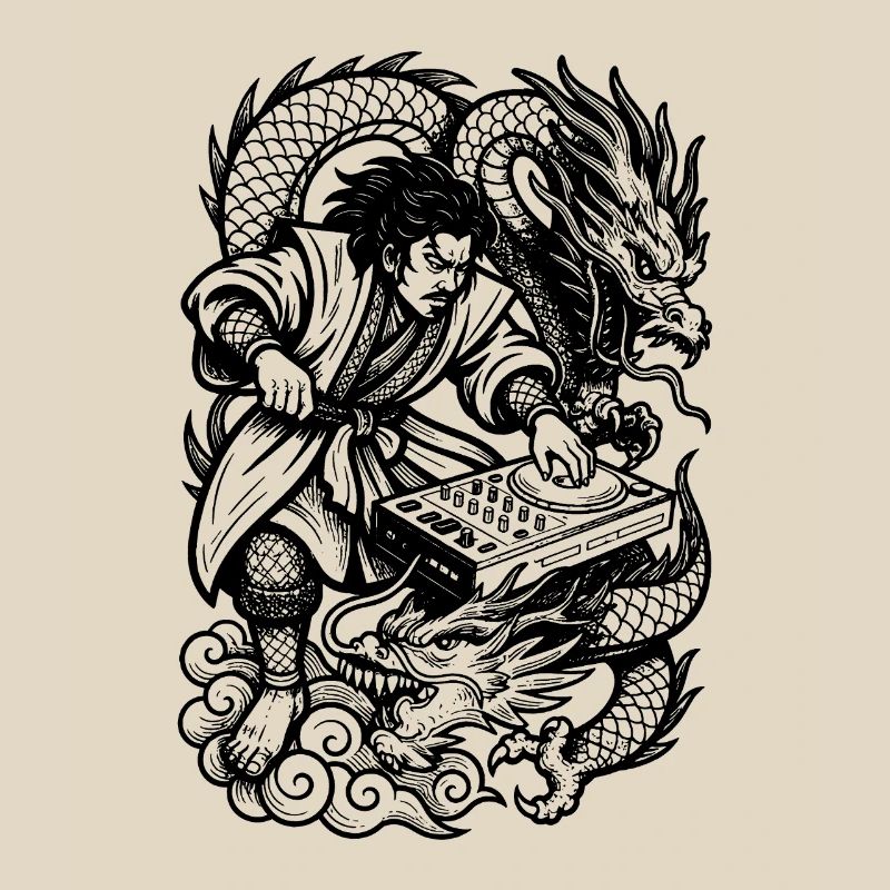 Chemise DJ : Samouraï à la table de mixage techno avec Dragon