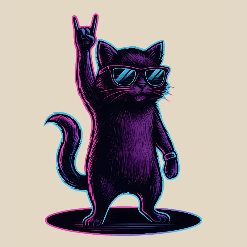 Synthwave Cat Cat with Rockhand Pose