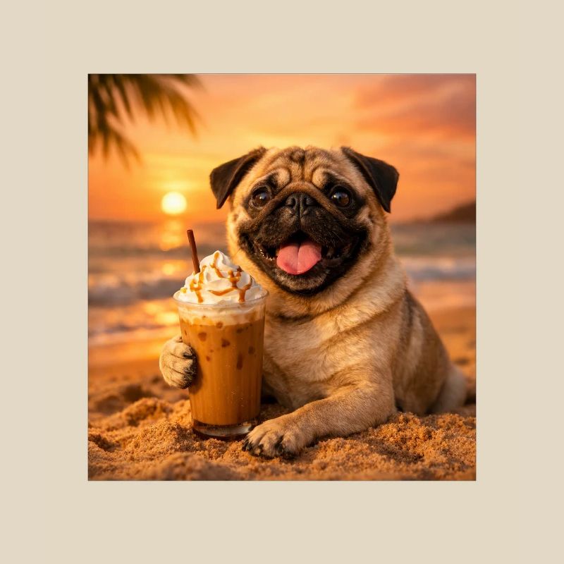 Funny Pug Summer Beach Coffee Sunset Meme