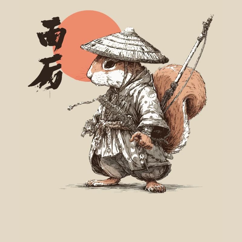 Samurai-Eichhörnchen unter roter Sonne