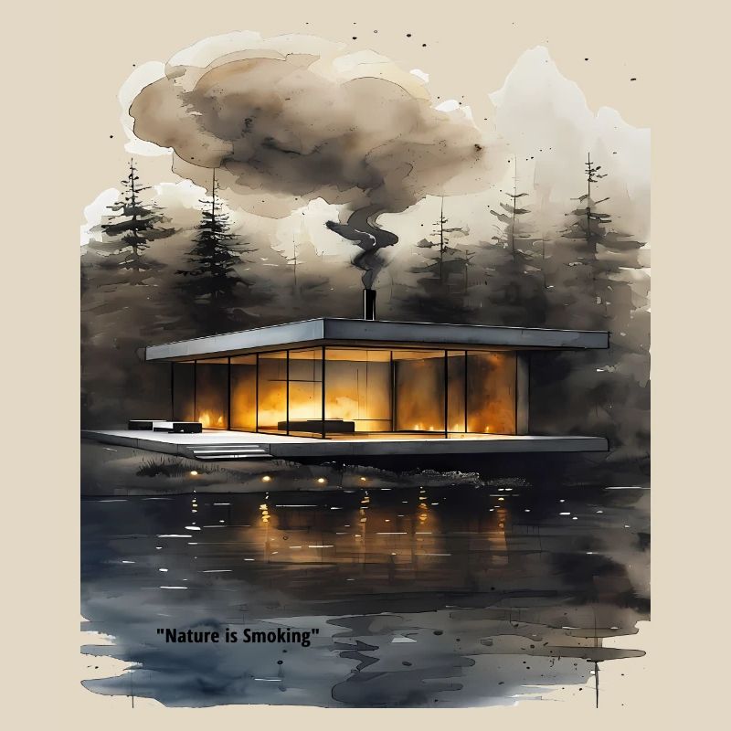 Cabane moderne éclairée par le feu sur le lac