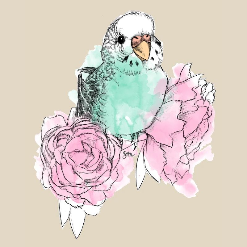 Budgerigars and peonies