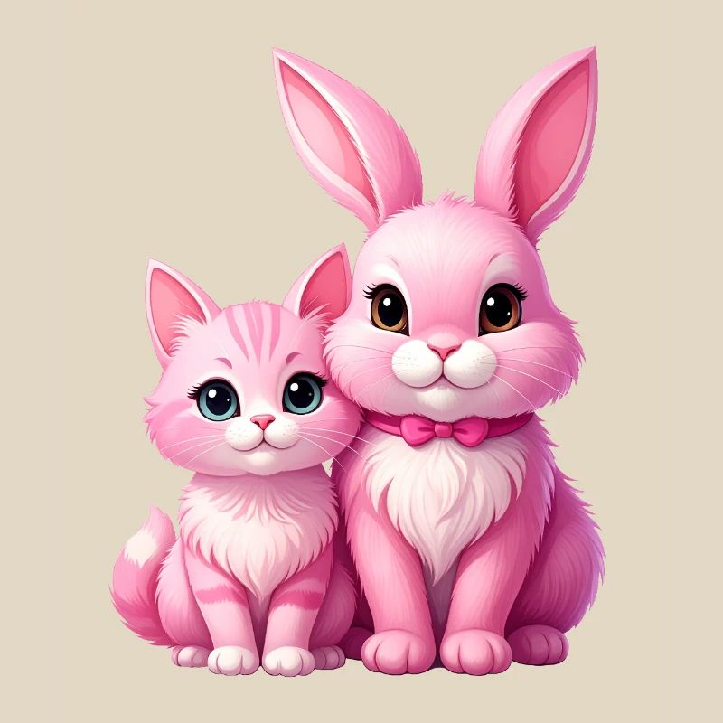 Le lapin rose et le chat comme peluches