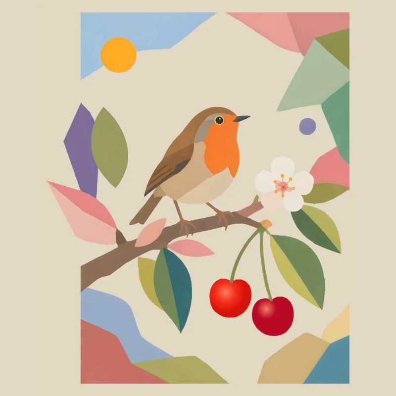 Robin Bird on Branch Cherry Design