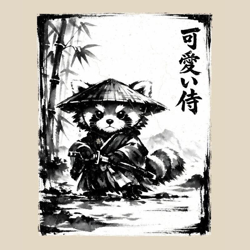 Samurai Roter Panda Sumi-e Tuschezeichnung