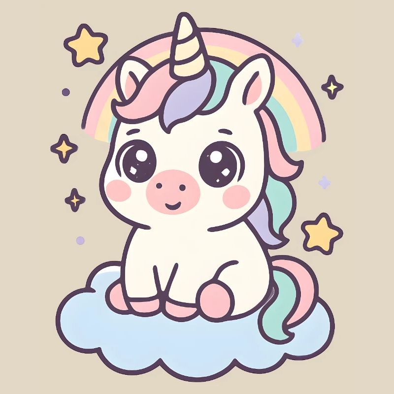 Kawaii Unicorn on Cloud with Rainbow Stars