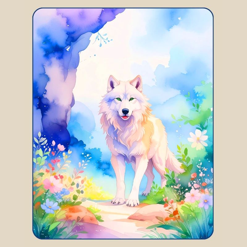 White wolf surrounded by flowers