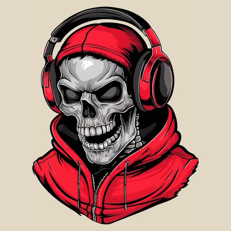 Totenkopf in Rot Kapuzenpullover mit Kopfhörern