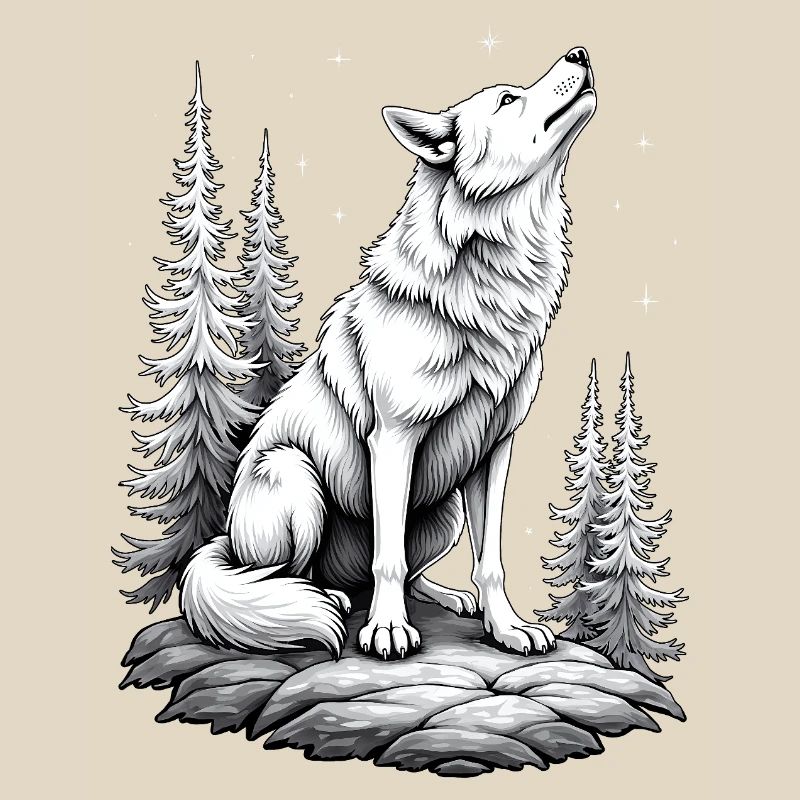 Wolf Rock Drawing Sketch Black White