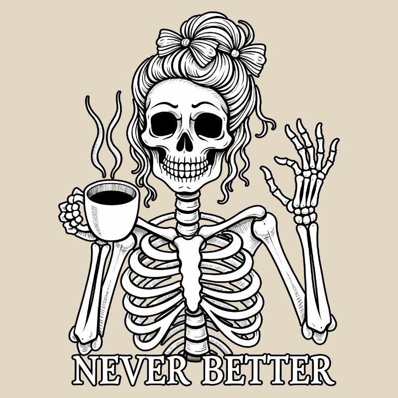 Funny skeleton drinking coffee