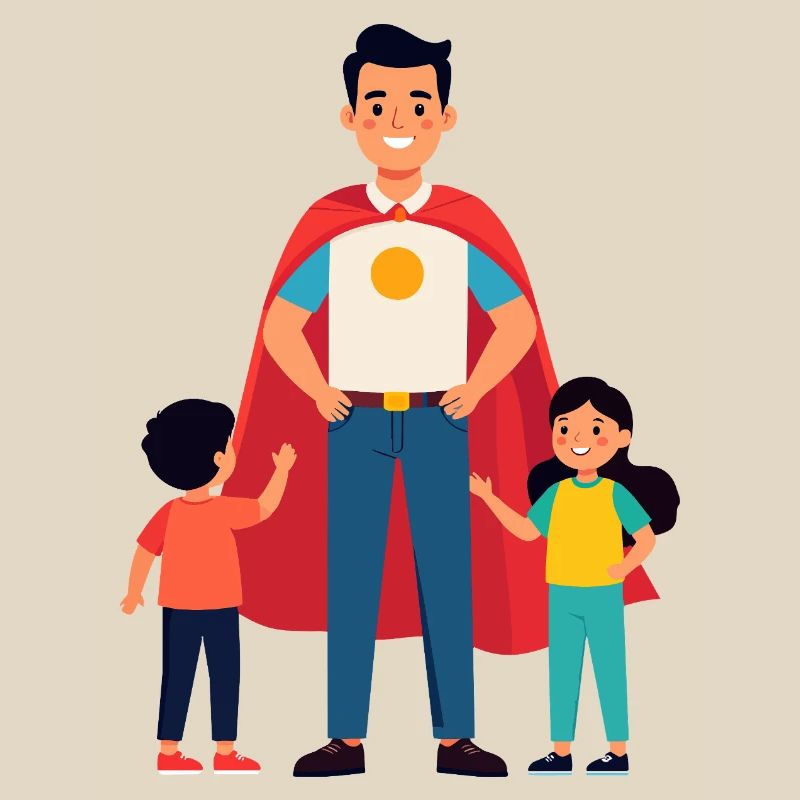 Erzieher Held oder Heldenvater mit Cape und Kinder