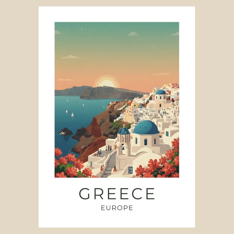 Vue côtière du coucher de soleil de Santorin