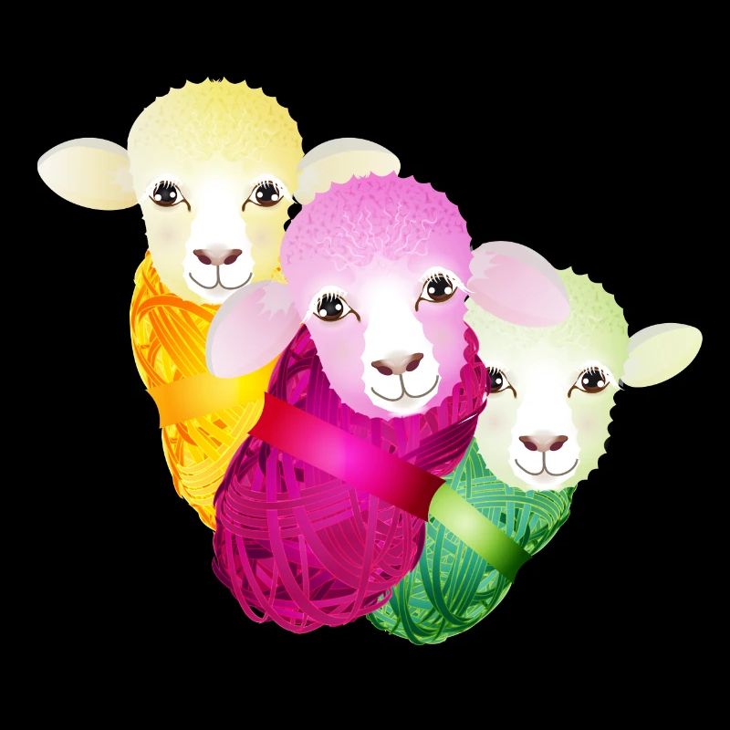 three colourful sheep with colour-coordinated wool