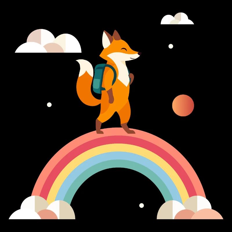 Cheerful fox with backpack on rainbow