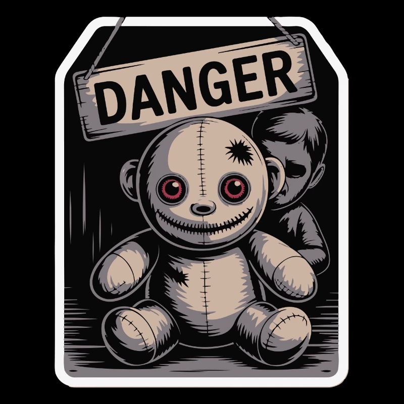 Poupée étrange avec un panneau de danger