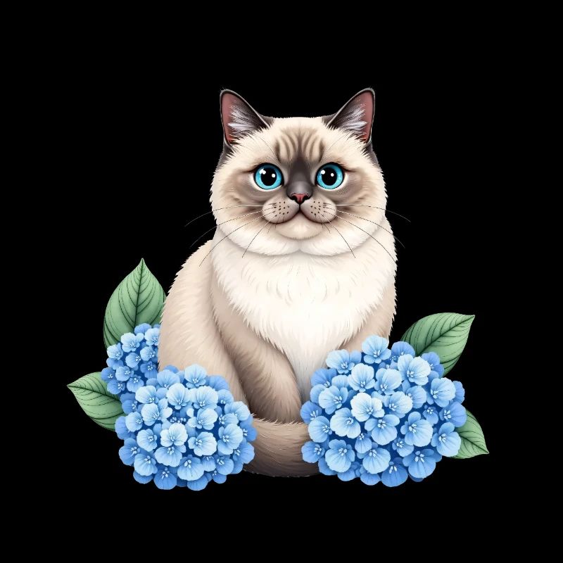 Cute Ragdoll Cat with Blue Hydrangeas