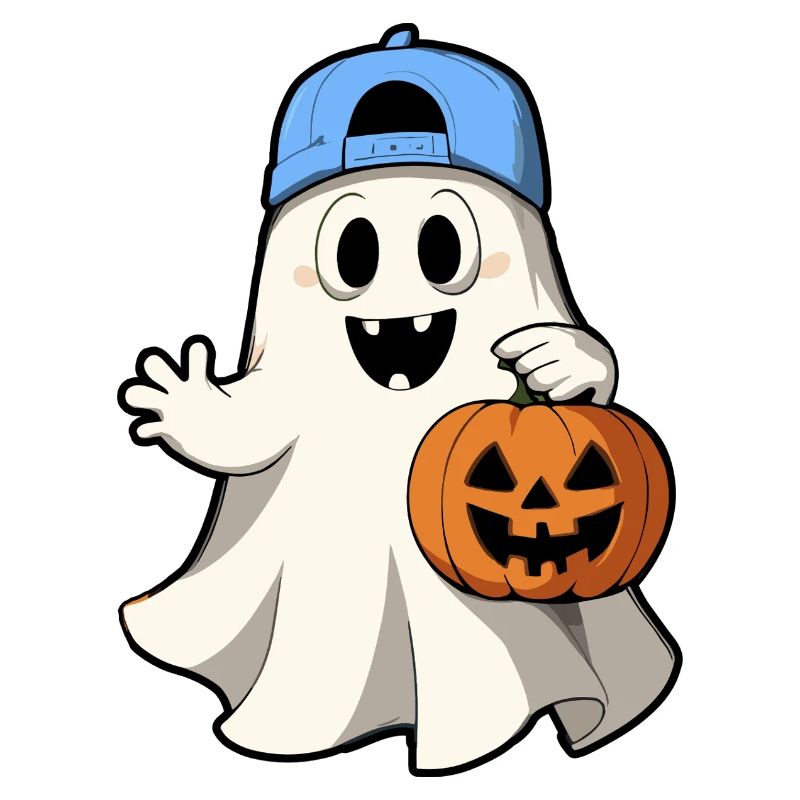 Ghost with pumpkin for Halloween with baseball cap