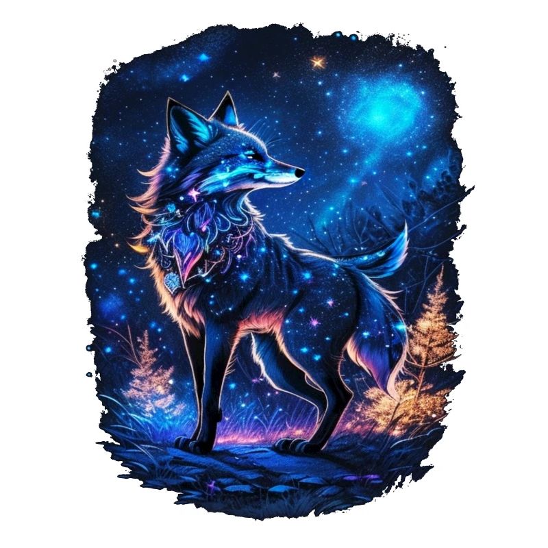 Fox in the Moonlight and Magic Forest Landscape