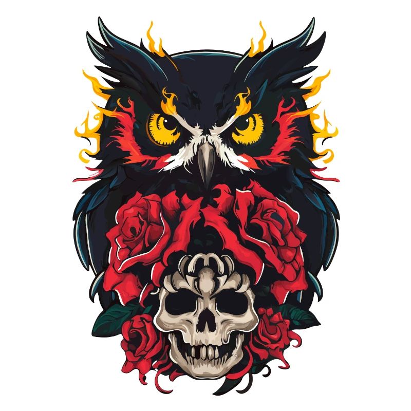 Mystische Eule sitzt auf Skull mit roten Rosen