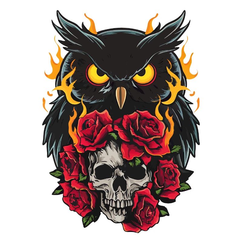 Mystische Eule sitzt auf Skull mit roten Rosen
