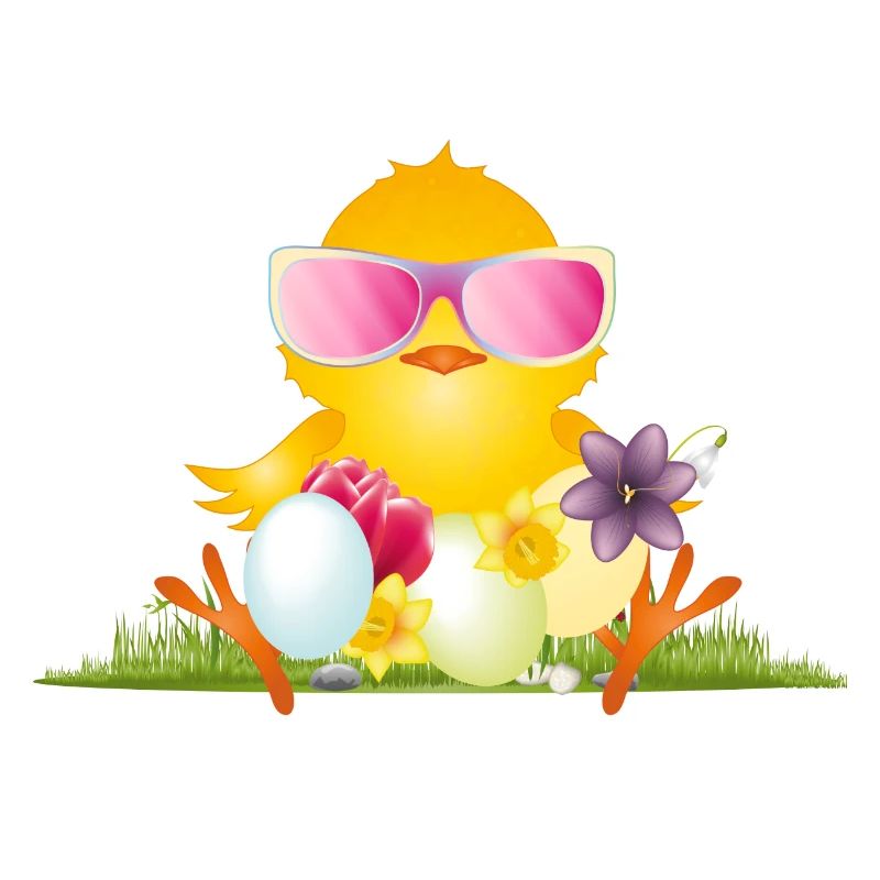 fluffy chick with Easter eggs and pink glasses