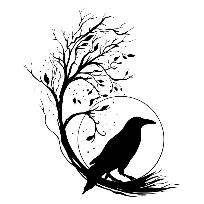 Raven Full Moon Tree Silhouette - Mystical Night