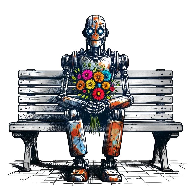 Robot banc fleurs Robot amour Art rouillé
