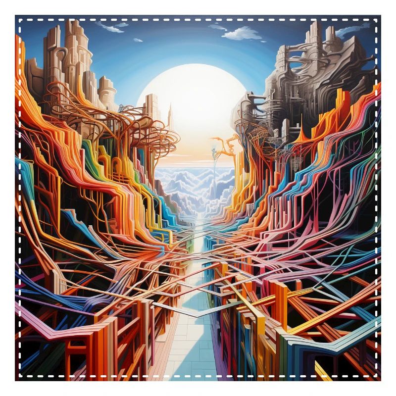 Futuristic landscape with colorful paths surreal