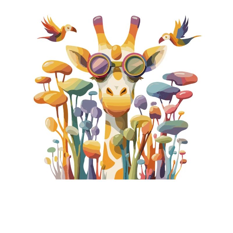 Girafe dans un jeu de couleurs avec une forêt de champignons