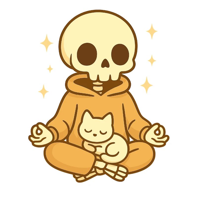 Squelette de méditation avec chat – Douillet et mignon