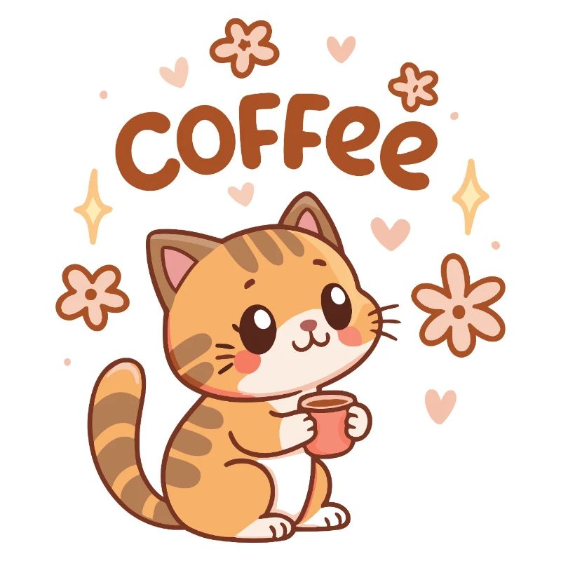 Chat café mignon et fleurs