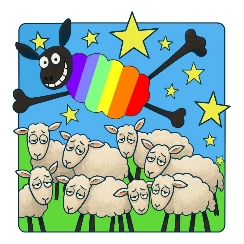 Rainbow sloth above sleeping sheep