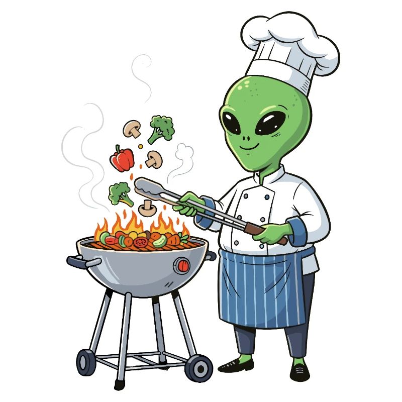 Alien chef grilling vegetables