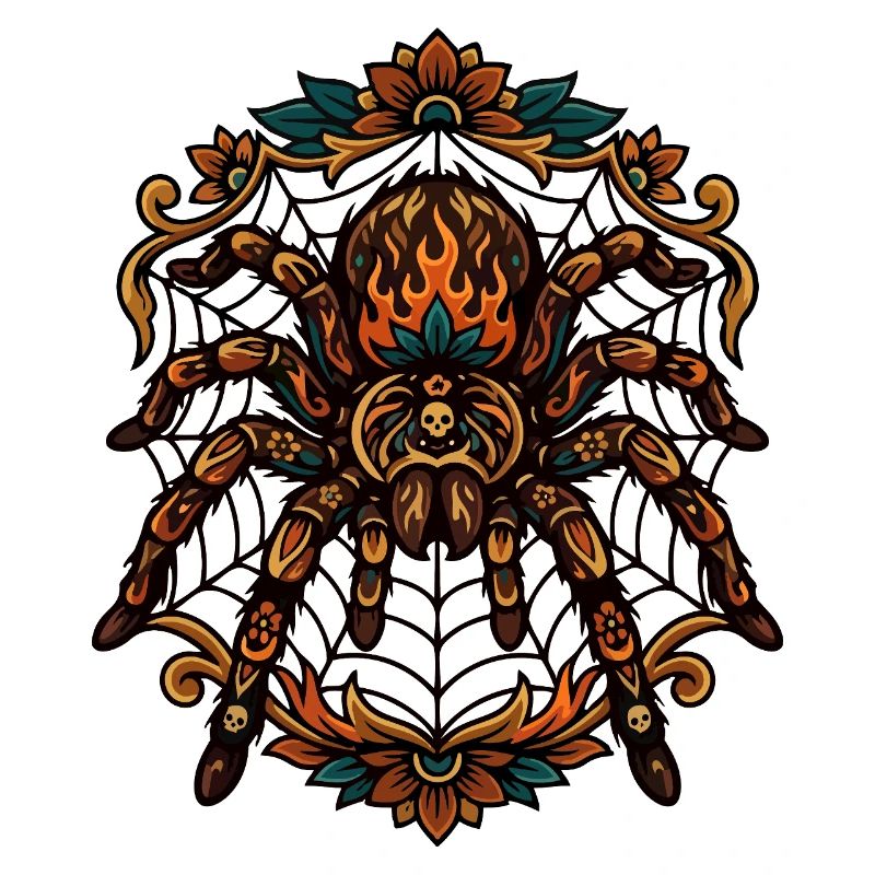 Tarantula Fire Flames Spider Web Pattern Motif