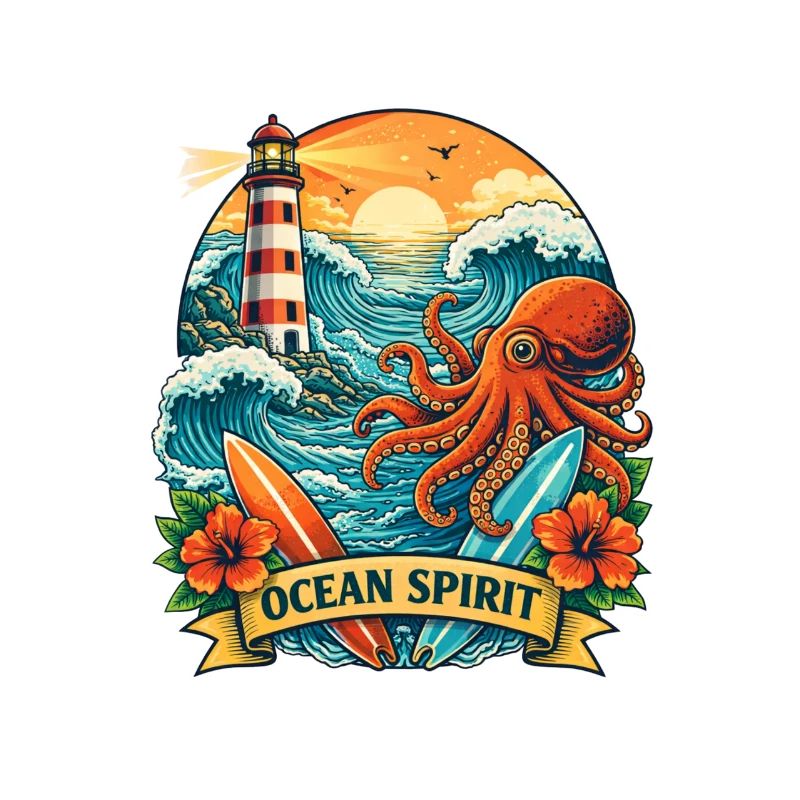 Ocean: Lighthouse, Waves and Octopus