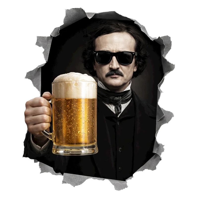 Edgar Allan Poe with beer and sunglasses
