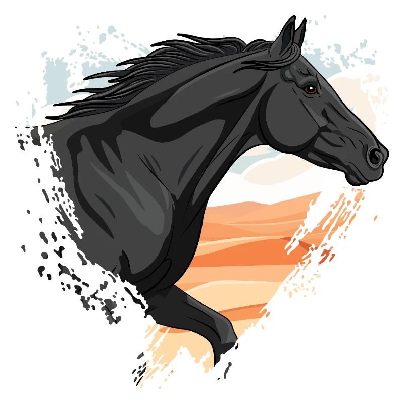Ein schwarzes Abaga-Pferd vor einem Herzen und einer Wüste