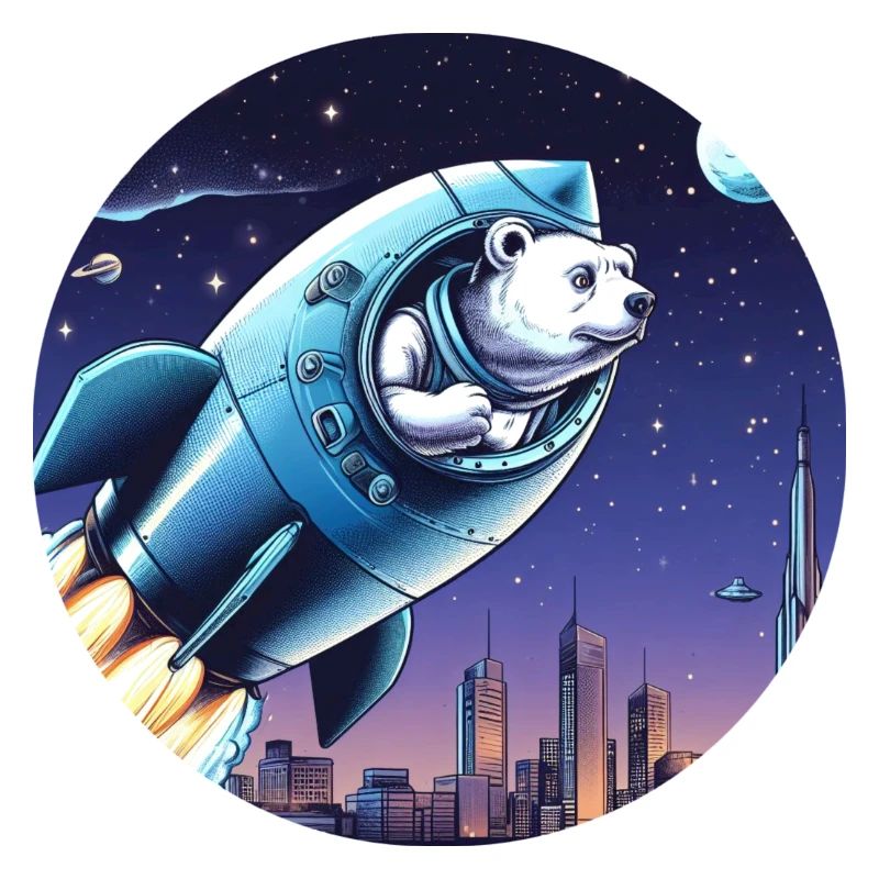 Une fusée avec un ours décolle dans l’espace devant le ciel nocturne