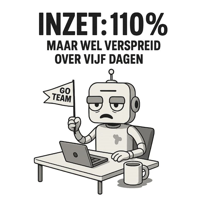 COMMITMENT: 110% – Robot at work with dry humor