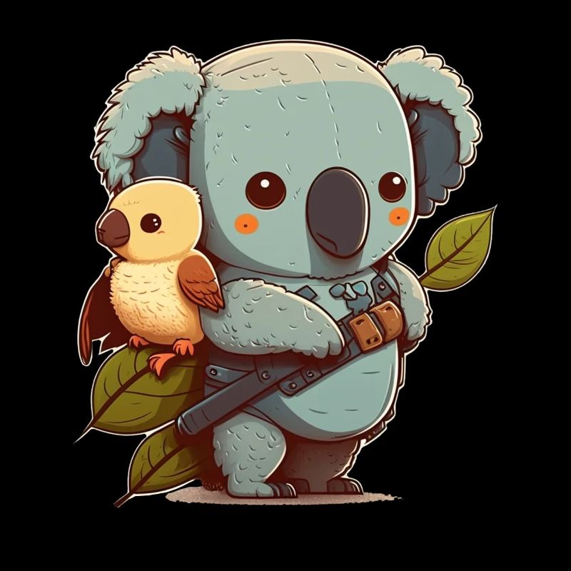 Koala et petit oiseau prêts pour une aventure