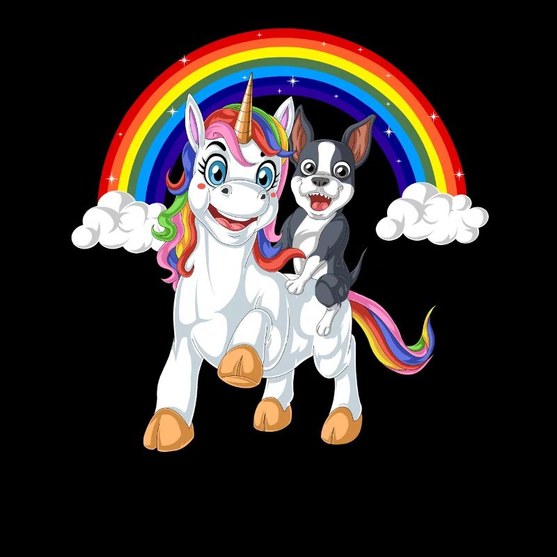Bunter Einhorn und Boston Terrier unter Regenbogen