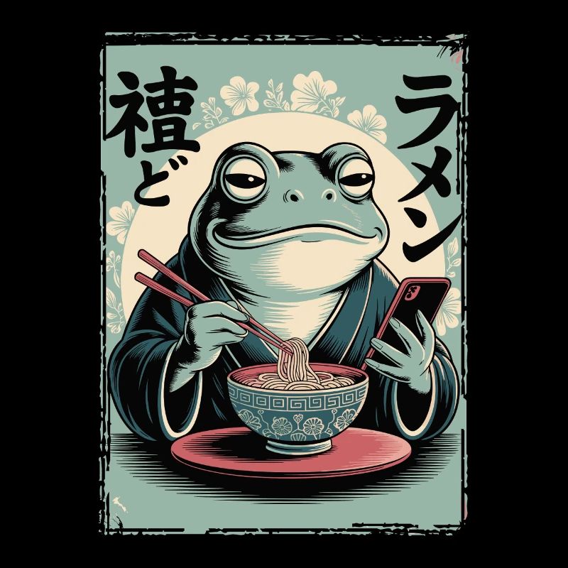 Funny frog, grumpy, Japanese art, ramen