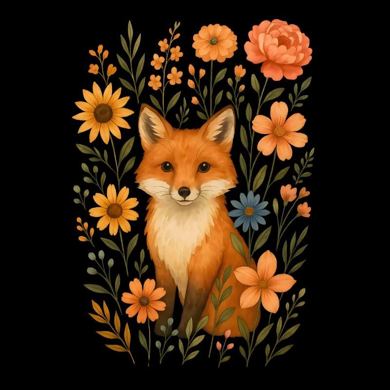 Renard avec des fleurs Cottagecore