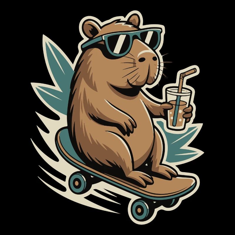 Biber auf Skateboard mit Drink und Sonnenbrille