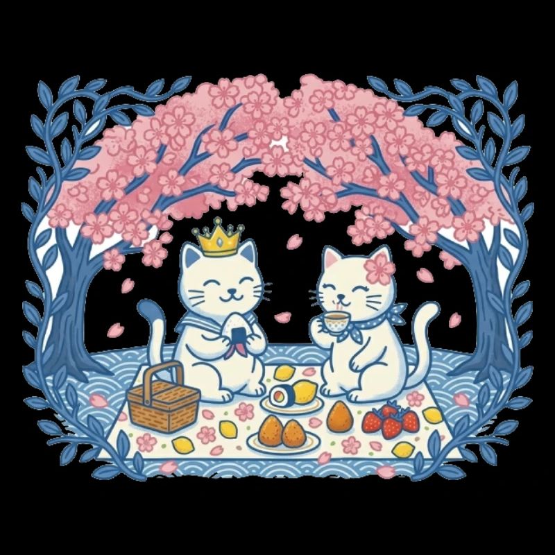 Real cats on picnic between sakura