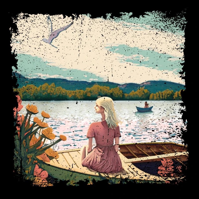 Frau sitzt im Boot am Wasser